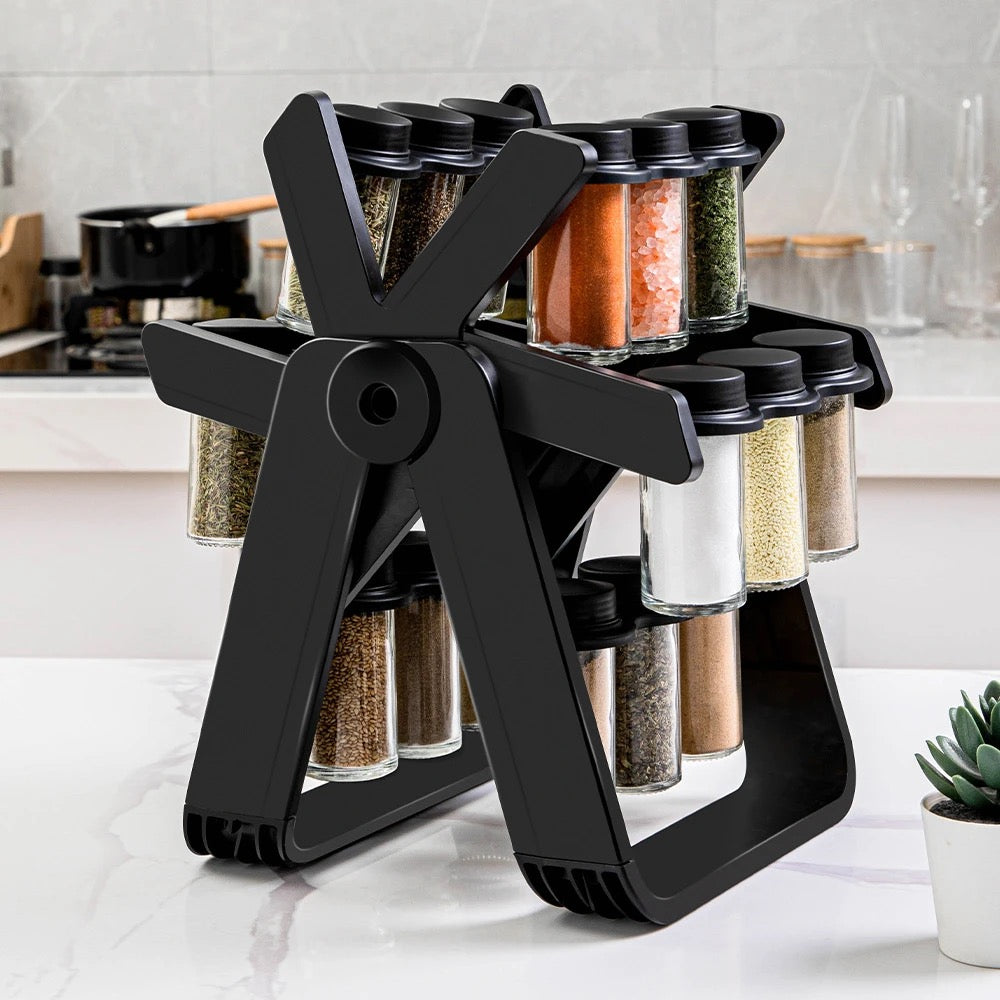 Ensemble de support à épices en plastique à grande roue rotative et 12 pots