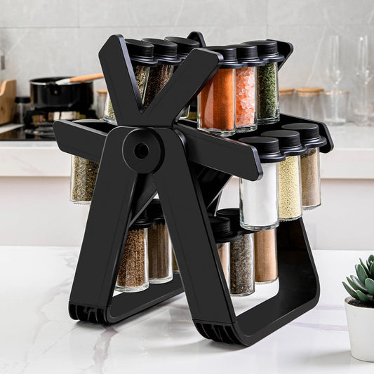 Ensemble de support à épices en plastique à grande roue rotative et 12 pots